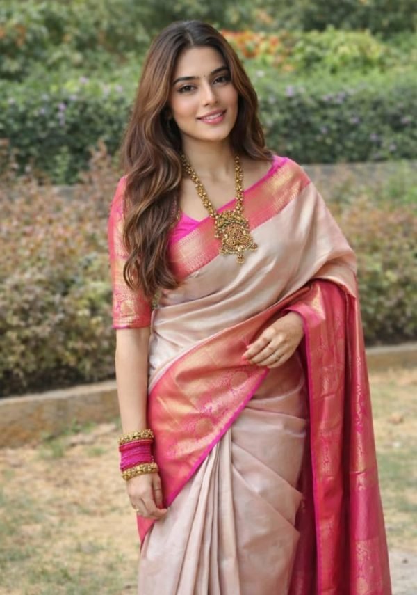 Woven Kanjivaram Jacquard, Cotton Silk Saree (Grey, Pink)